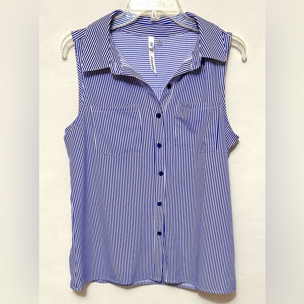 NY Collection Blue Striped Collared Sleeveless Top Shirt Button Up L